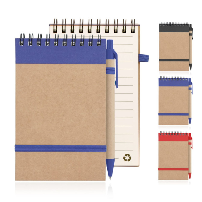 Eco Notepad made from recycled paper, spiral bound, featuring a blue or red elastic band and matching pen. Available in multiple colours.