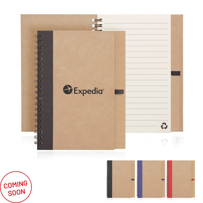 Eco-friendly notebook featuring recycled paper, spiral-bound, with brown cover and black, red, and blue options. Includes branding.