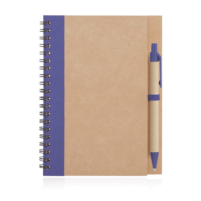 A spiral-bound notebook with recycled paper and a blue cover strip, accompanied by a matching pen.
