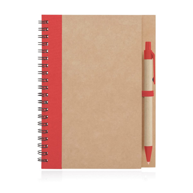 A recycled paper spiral-bound notebook in brown with a red stripe and a matching pen attached.