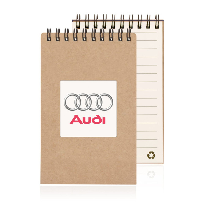 A spiral-bound notepad in a brown recycled cover with lined pages and a logo on the front.