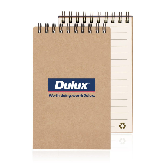 A spiral-bound notepad made from recycled paper, featuring a brown cover with a logo and lined pages inside.