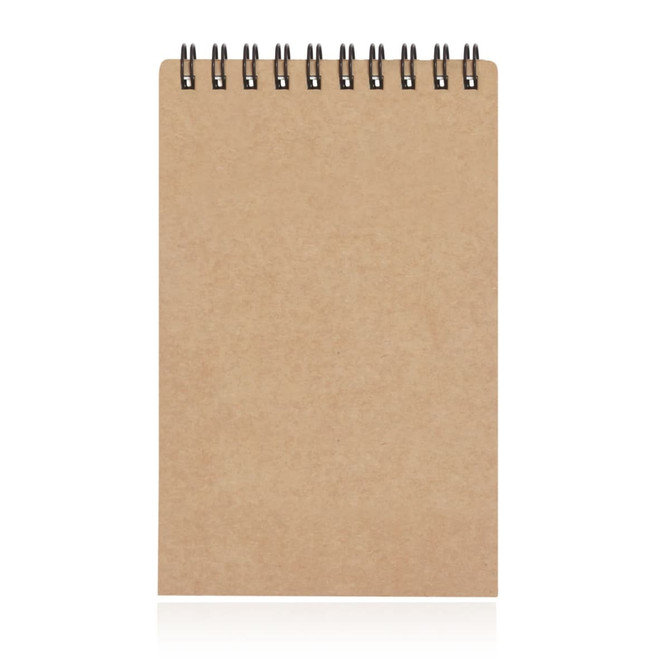 A spiral-bound notepad made of recycled brown paper with a plain cover. It features a metal binding at the top.