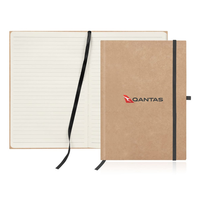 A recycled paper journal in brown with an elastic band, featuring a logo on the cover and lined pages inside.