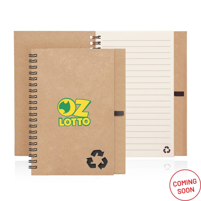 A spiral-bound eco notebook with a recycled paper cover in brown, featuring lined pages and a logo.