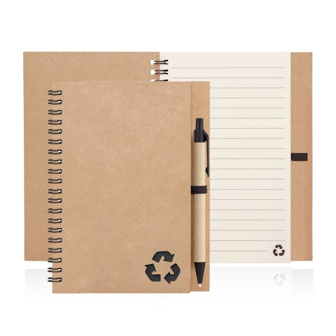 A recycled paper spiral-bound notebook in brown with a black logo and a matching pen alongside.