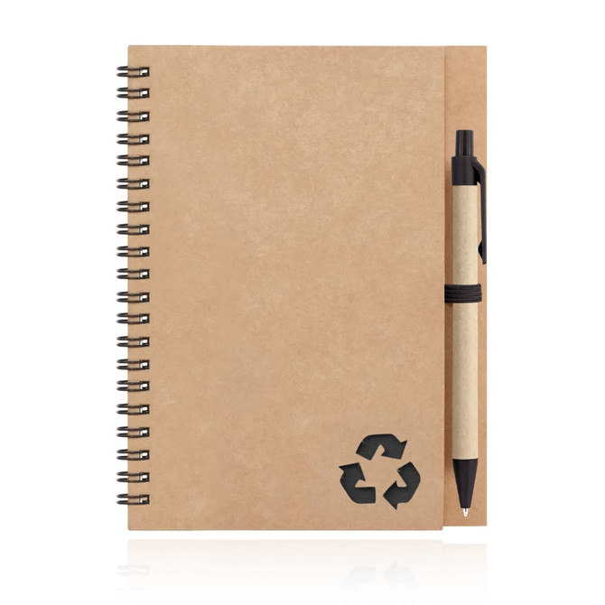 A recycled paper spiral-bound notebook in brown, featuring a pen attached and a recycling symbol.