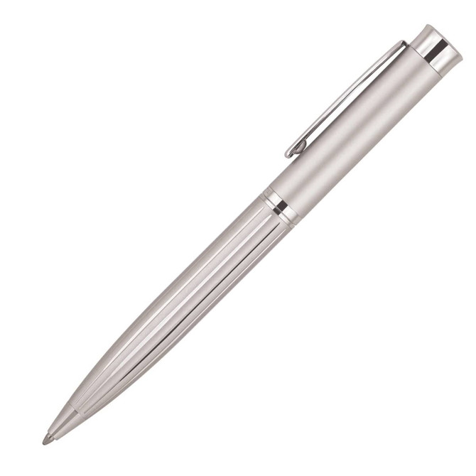 A silver ballpoint pen featuring a sleek striped design and a shiny clip, with a logo on its body.