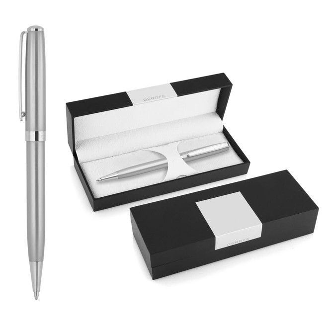 A metal ballpoint pen in silver, presented in a black box with a silver accent and white interior.
