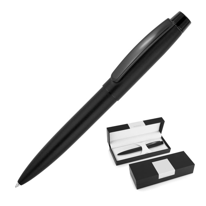 A matte black ballpoint pen alongside its black and white presentation box, featuring a logo on the box.