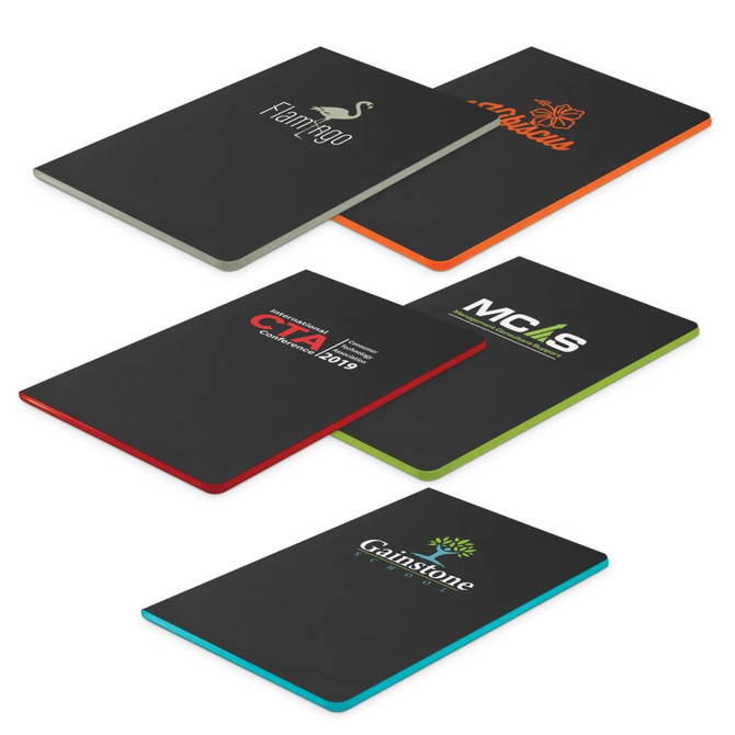 A collection of black notebooks with various coloured edges and logos on the covers.
