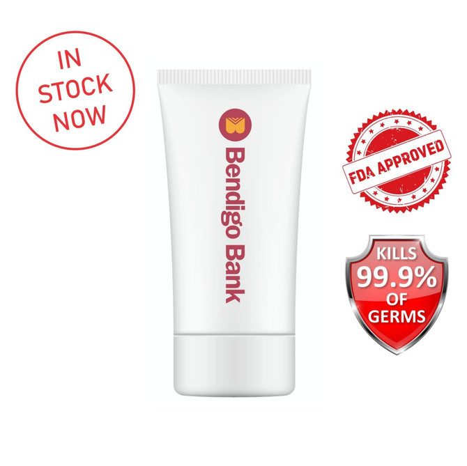 A 60ml white tube of hand sanitiser gel with a logo and a seal indicating FDA approval.