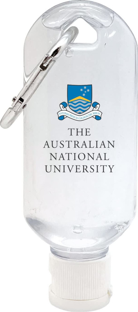 A clear hand sanitiser gel bottle with a carabiner, holding 75% alcohol and featuring a logo.