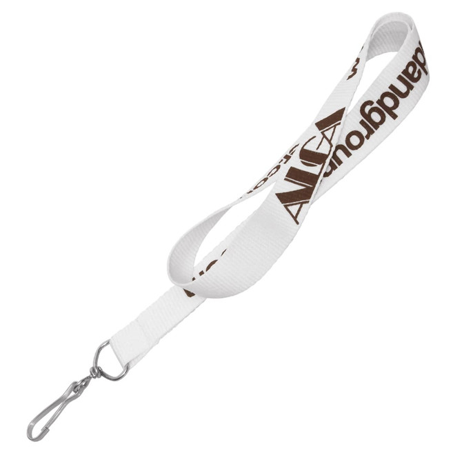 A white lanyard made of ribbed polyester, featuring a clasp and a repeating logo pattern in brown.