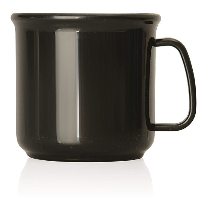 A black plastic cup with a handle, holding 300ml, featuring a shiny surface and a simple design.