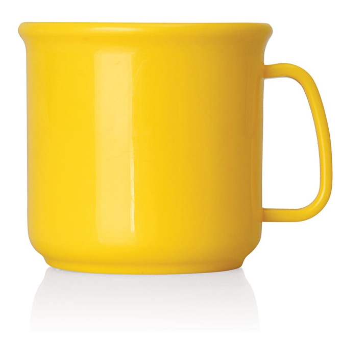A yellow plastic cup with a handle, featuring a smooth surface and a rounded design. It holds 300ml.