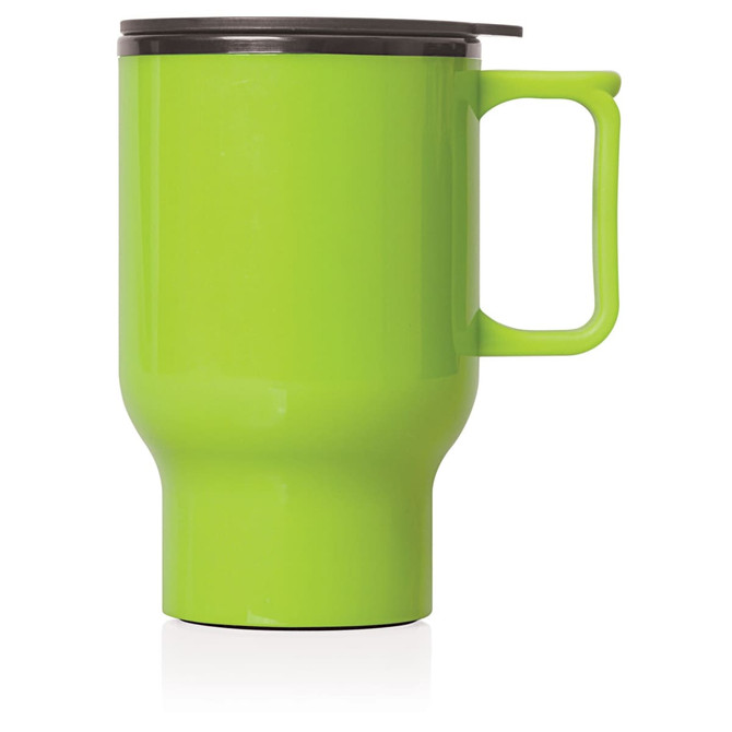 A green travel mug with a plastic double wall and a black lid, featuring a handle.