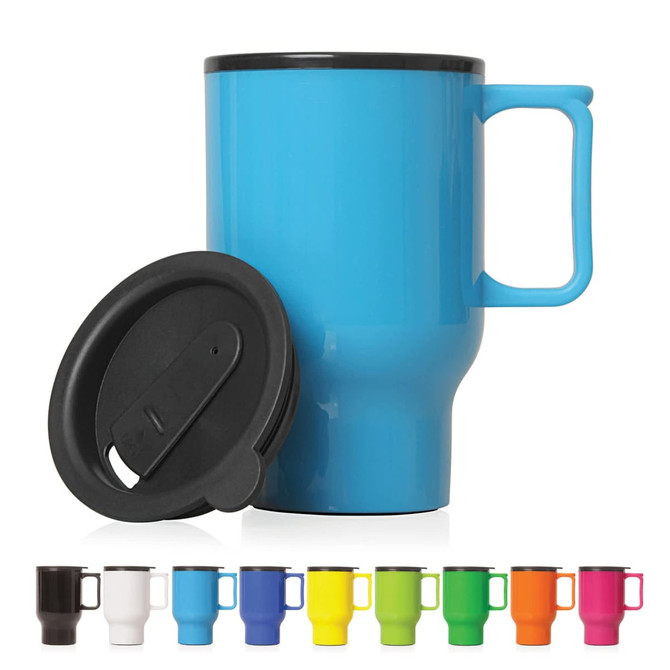 A drink bottle in blue with a black lid, featuring a sturdy handle and a logo. Various other colours are displayed below.