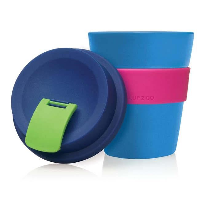 A drink bottle featuring a blue cup with a pink silicone band and a navy lid, designed for eco-friendly use.