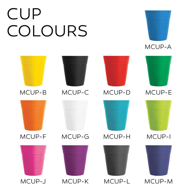 A collection of eco coffee cups in various colours, including yellow, black, red, green, and purple, with branding.