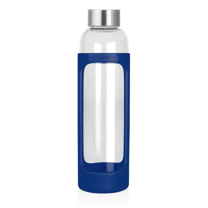 A drink bottle with a clear glass body, blue silicone sleeve, and a stainless steel lid.