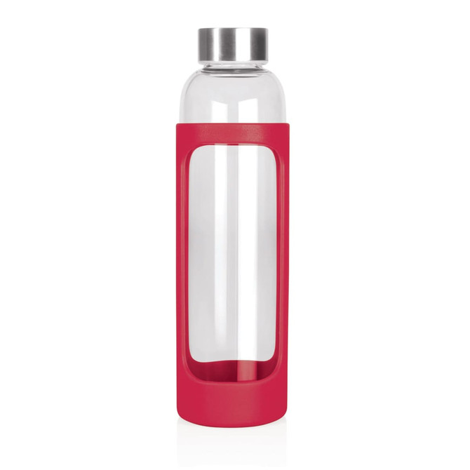 A drink bottle with a clear glass body and a red silicone sleeve, featuring a silver lid.