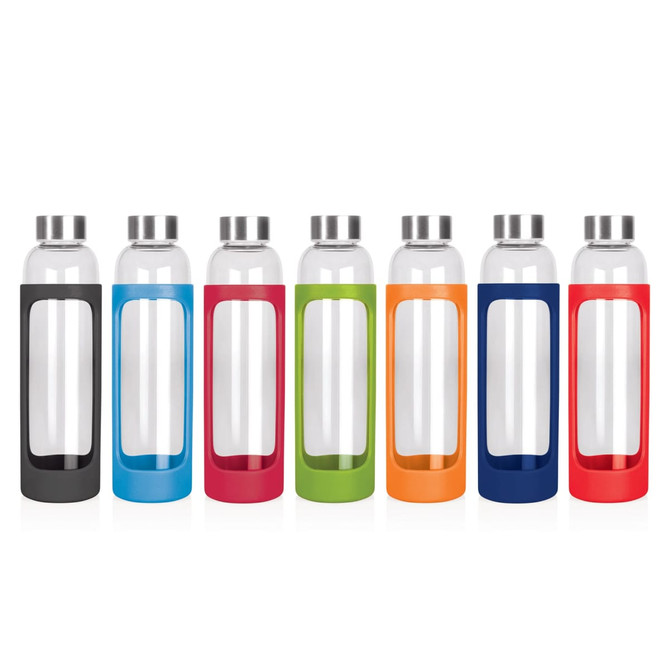 A drink bottle collection featuring various colours: black, blue, green, orange, red, and navy, with glass bodies and metal lids.
