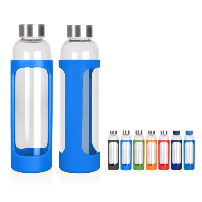 A drink bottle collection featuring clear glass designs with coloured silicone sleeves in blue, green, orange, black, and more.