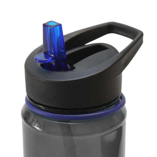 A drink bottle in clear Tritan material with a black lid and blue spout. Features a handle for easy carrying.