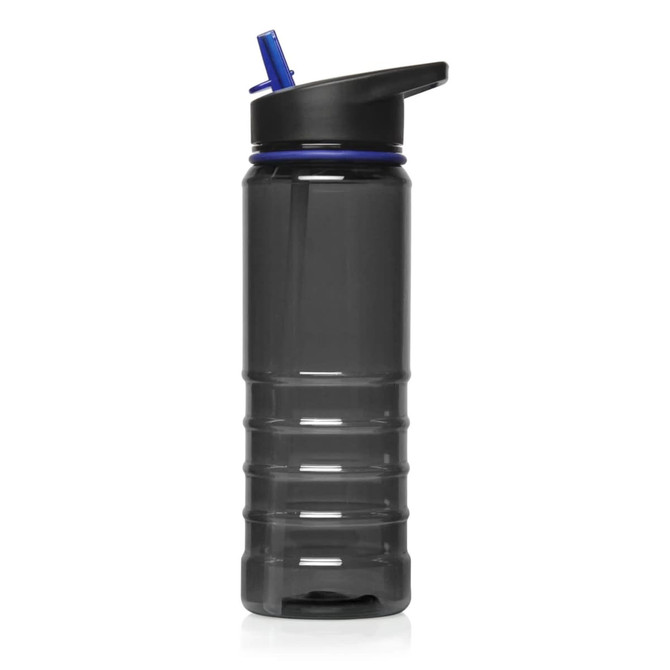 A drink bottle in black and transparent grey, featuring a blue straw and a black lid. It has a logo on the side.