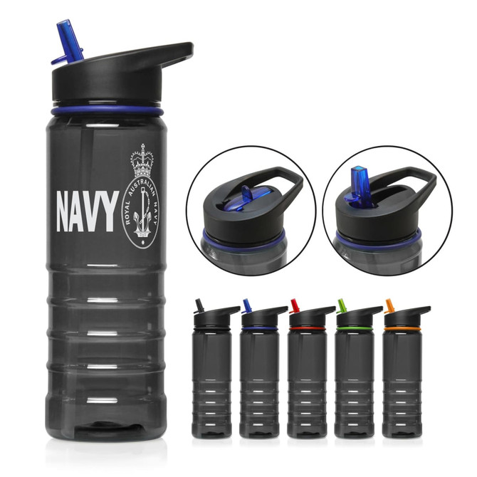 A drink bottle in navy blue and grey, featuring a flip-top lid and a logo, with six colour variations shown.