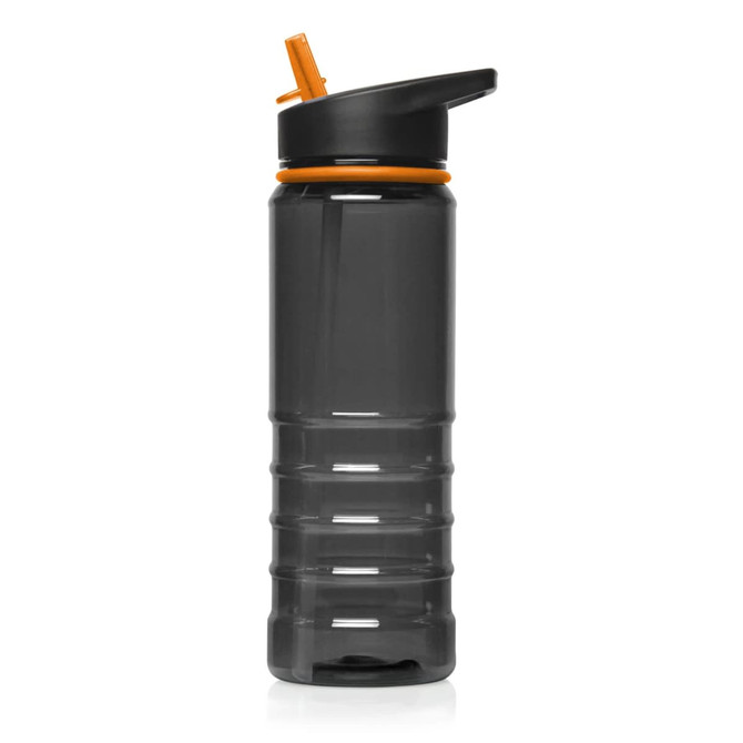 A drink bottle made of Tritan, 750ml capacity, in grey with an orange lid and spout, featuring a logo.