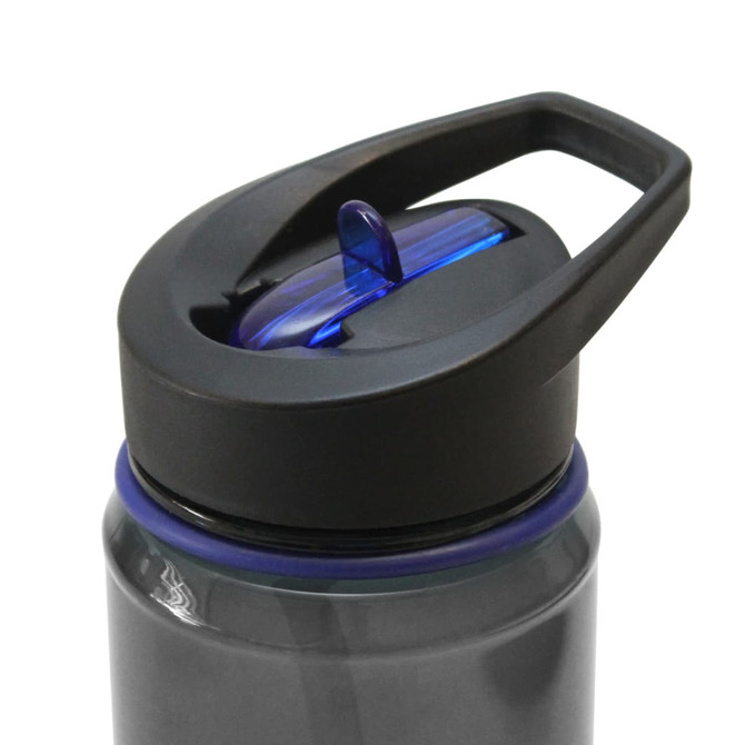 A drink bottle in dark grey with a black and blue lid, featuring a handle and a built-in spout for easy drinking.