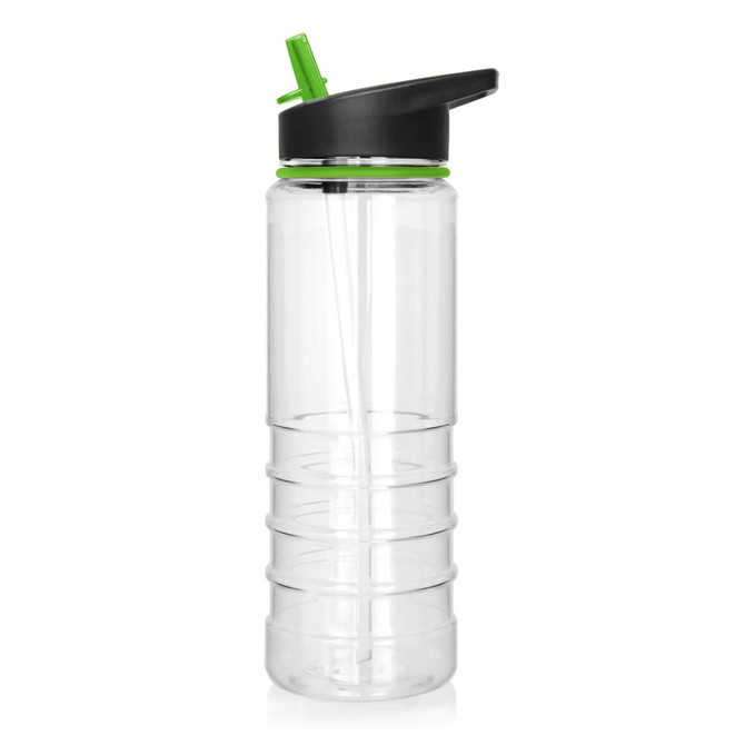 A drink bottle with a clear body, black lid, and green accents, featuring a built-in straw.