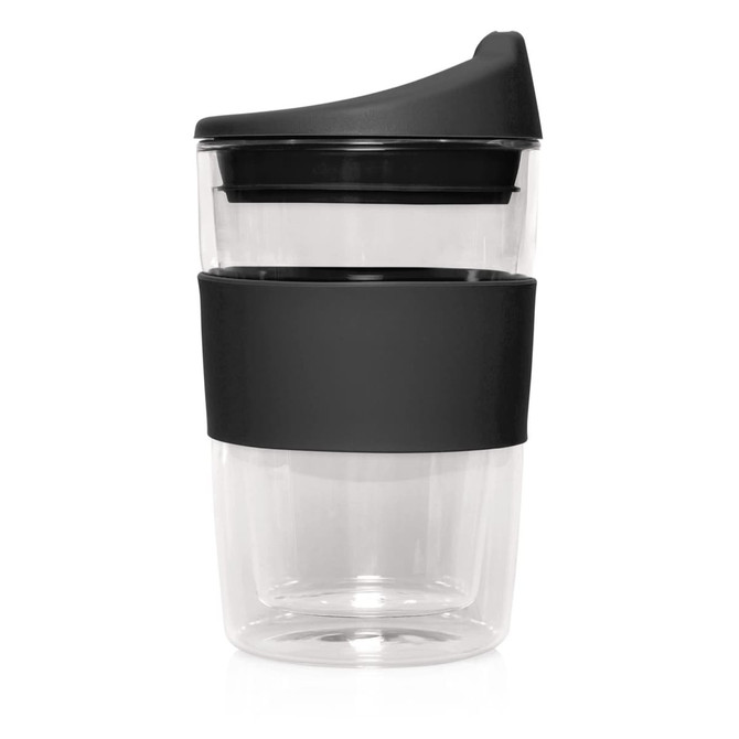 A drink bottle featuring a clear glass body with a black silicone sleeve and a lid. It has a sleek double-wall design.
