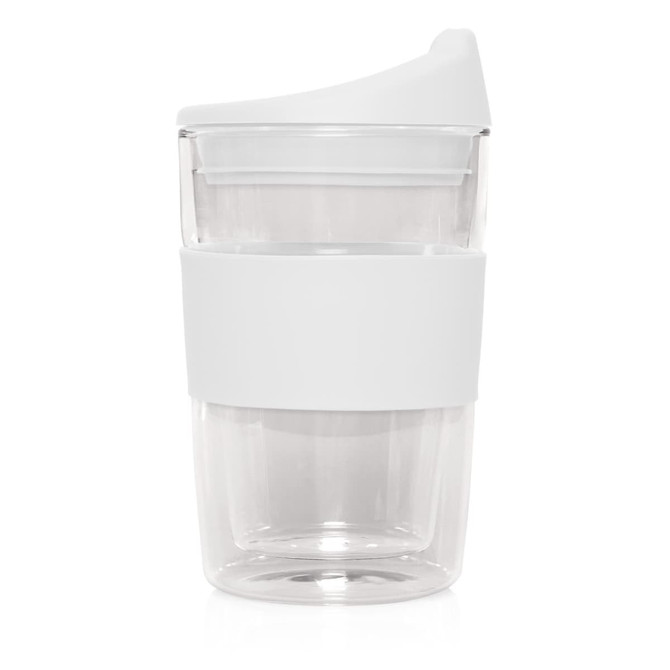 A drink bottle featuring a double wall design, clear glass with a white silicone sleeve and lid.
