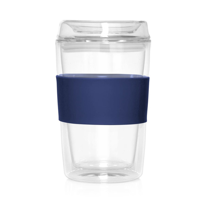 A double-wall glass coffee cup in clear with a navy silicone sleeve, featuring a logo.