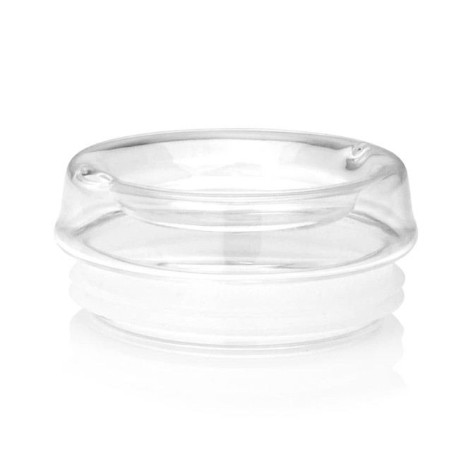 A clear double-walled glass cup with a smooth, rounded lip and textured base, featuring a logo.