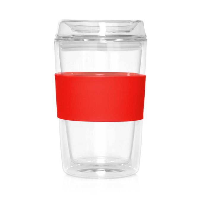A drink bottle featuring a clear glass design with a red silicone band, suitable for hot or cold beverages.