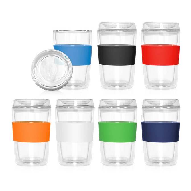 A set of glass double wall coffee cups in various colours, featuring silicone bands and one logo.