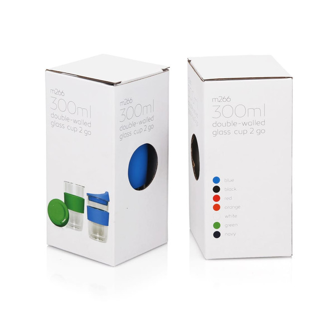 A drink bottle package featuring a double-walled glass cup with various colour options: blue, green, red, black, orange, and white.