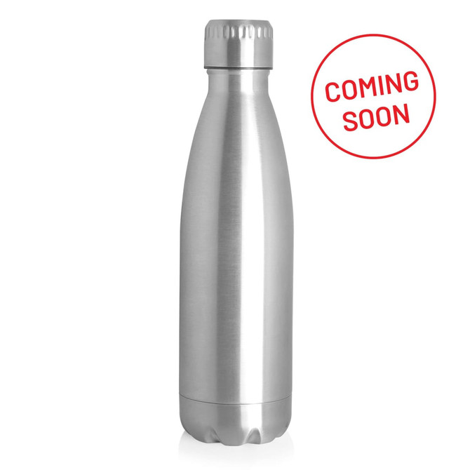 A drink bottle in stainless steel with a sleek, silver finish, featuring a round lid and a logo.