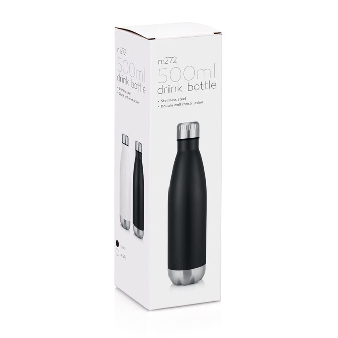 A drink bottle in black stainless steel, featuring a double wall construction, presented in a sleek box with a logo.