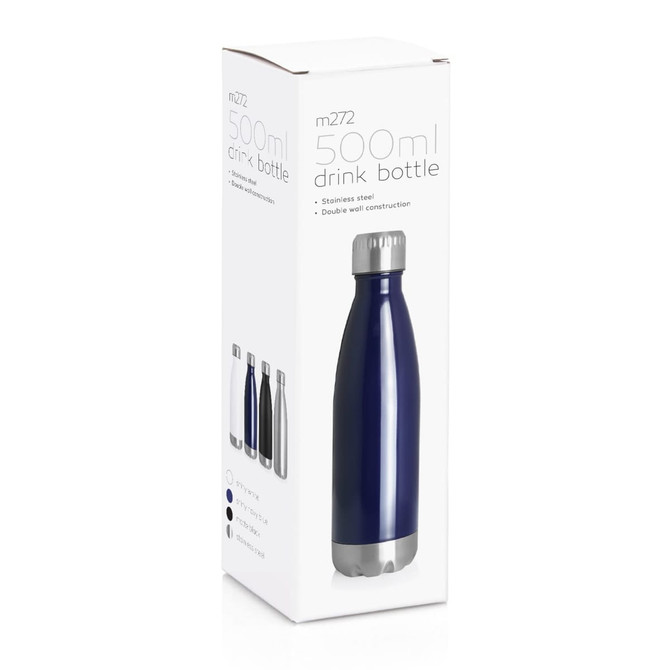 A drink bottle in navy blue, with a stainless steel body and double wall construction, packaged in a white box with logos.