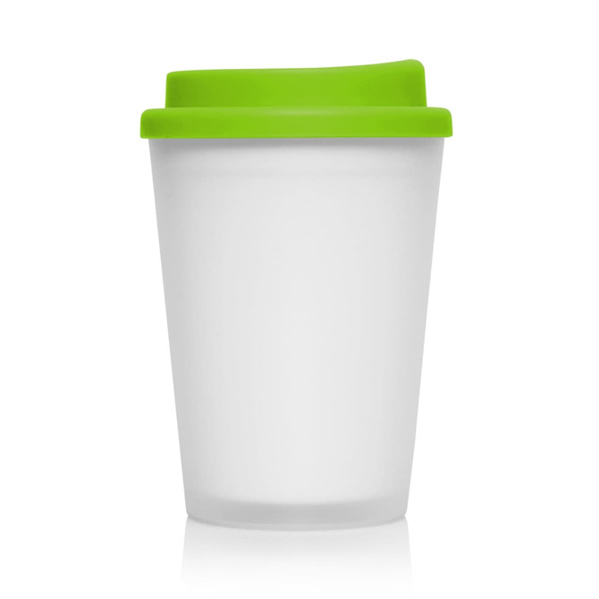 A drink bottle featuring a frosted white body and a bright green lid, designed with a double wall for insulation.