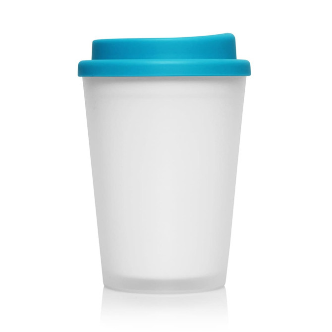 A frosted white plastic cup with a blue lid, designed for beverages. The cup features a logo.