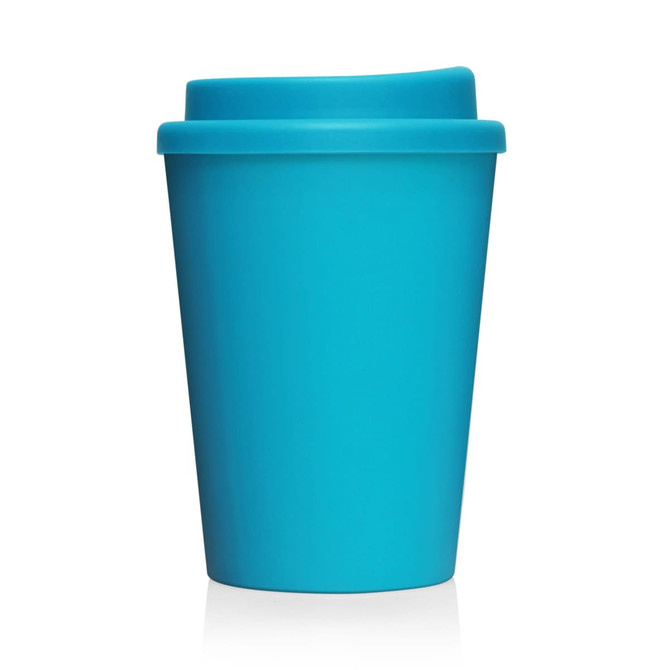 A drink bottle in bright turquoise, featuring a plastic double wall design and a lid. It has a logo.