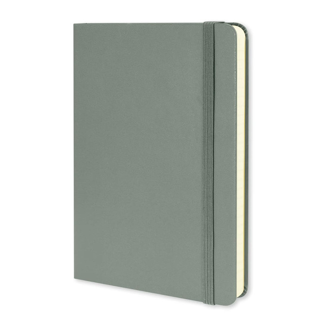 A medium, hard cover notebook in a soft green colour, featuring a rounded spine and an elastic closure.
