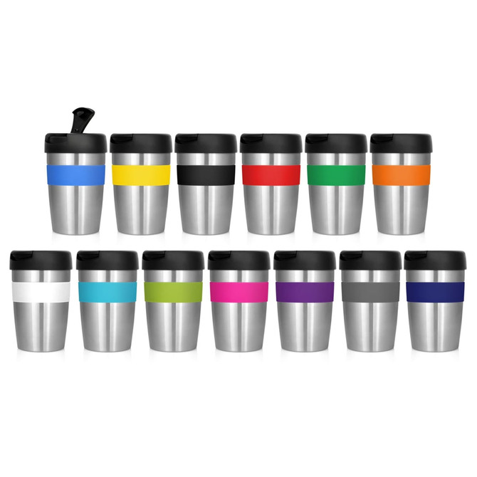 A collection of stainless steel coffee cups in various colours, featuring double walls and black lids, alongside branding.
