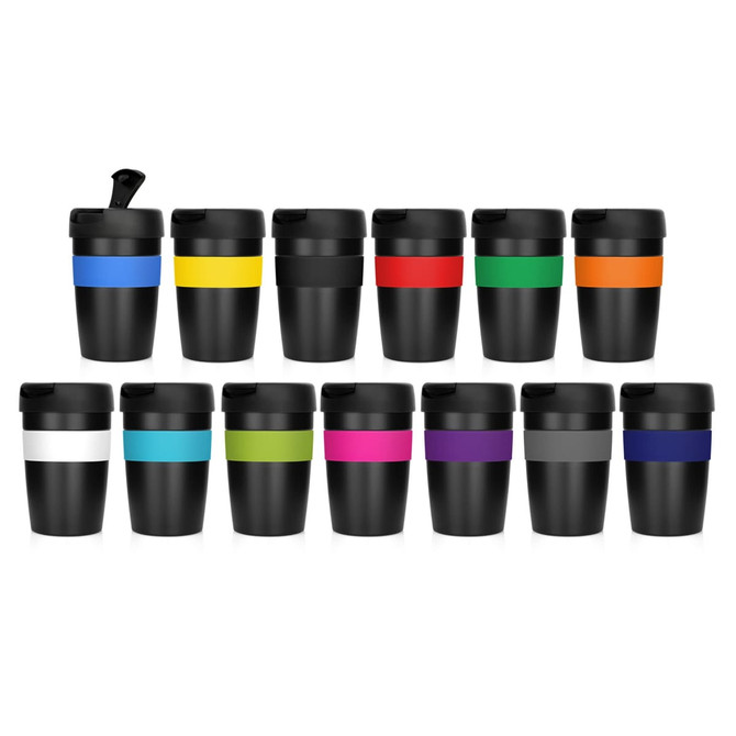 A collection of Eco Coffee Cups in various colours with black lids, showcasing a range of sizes and designs.